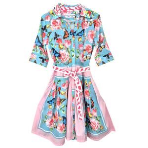 Dizzy Lizzie Dress Sz S Mrs Maisel Blue Box Print Floral Butterflies Cotton Pink